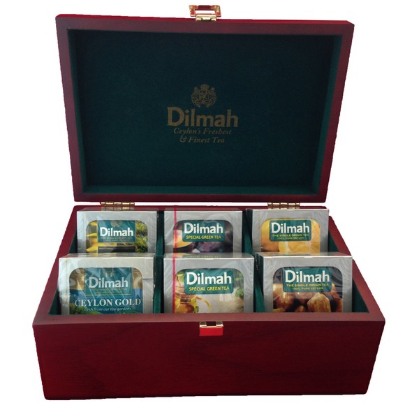 Dilmah | Luxury Wooden Tea Presenter | Tea Display Chest | 60 Enveloped Teabags Included | 6 Assorted Flavors | Gift of Tea ~ Hotels ~ Restaurants ~ Cafes | (Gourmet 6 Slot)