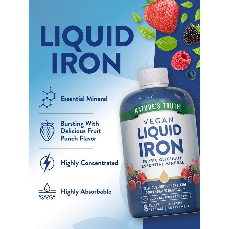 Liquid Iron Drops Supplement 18mg - Essential Mineral - Vegan,