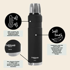 Thermo Sport Thermos Flask, 1000 ml, Thermos Flask for Hot and Cold, Leak-Proof Insulated Flask Made of Stainless Steel, Thermos Flask with Cup, Thermos Flask, Stainless Steel, Soft Black