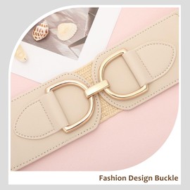 WHIPPY Straw Elastic Waist Belt for Women, Wide Sretchy Woven Belt for Dress Braided Boho Ladies Belt with Gold Buckle Beige XL