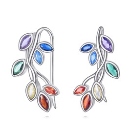 SHEAISRS Ear Cuff S925 Sterling Silver Leaf Crawler Earrings for Women Chakra Colorful CZ Plant Earrings Cartilage