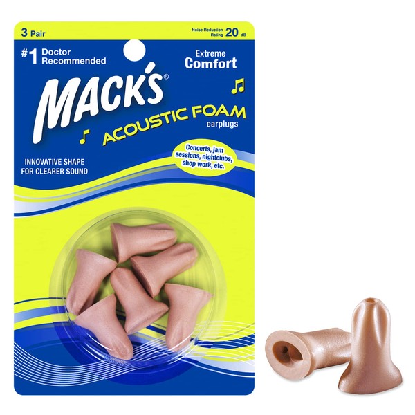 Mack’s Acoustic Foam Earplugs, 3 Pair – Soft, Comfortable Ear Plugs for Concerts, Jam Sessions, Nightclubs and Loud Events Beige