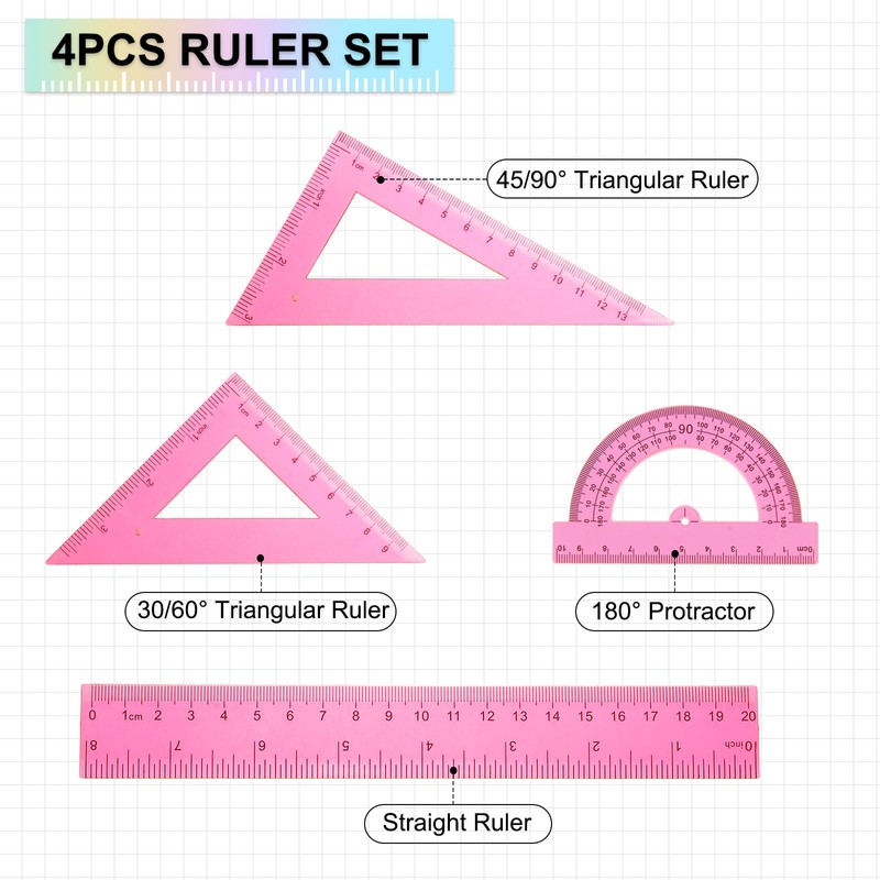 HARFINGTON 4pcs Triangular Ruler Set 20cm Plastic Metric Inch Geometric