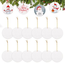 WANDIC Christmas Round Ceramic Ornaments, 12 Pcs White Sublimation Ornament Blanks with Gold Rope Ceramic Ornaments Discs for Christmas Home Decor