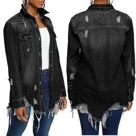 CHBAZH Black Denim Jacket for Women Oversized Fashion Long Sleeve Distressed Jean Trucker Jackets(Black,L)