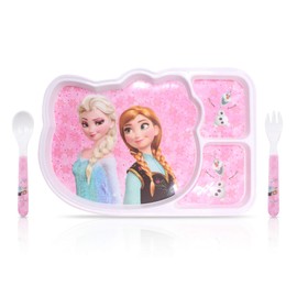 Princess 3 Pcs Set Melamine Resin Dinner Time Dishes Food Divided Compartments Dinnerware Plate with Matching Spoon and Fork Flatware