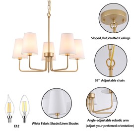 AMZASA Farmhouse Chandelier, 5-Lights Visual Comfort Gold Light, Muted Gold with White Fabric Shade, Linear Island Lighting Fixture for Kitchen, Dining Room