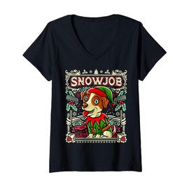 Womens Jack Russell Terrier Snow Dog Christmas Santa Claus Elf V-Neck T-Shirt