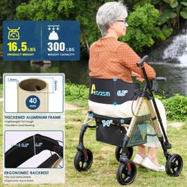 Foldable Rollator Walker with Seat for Seniors - Lightweight Rolling Walkers with Brakes, 300 lb Capacity, 8" All-Terrain Wheels, Adjustable Handles and Seat Height & Removable Storage Bag, Champagne