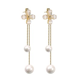 Elegant Flower Stud Earring for Women Girls Sterling Silver Post Double Pearl Tassel Threader Dangle Drop Hypoallergenic Cartilage Earring Dainty Fashion Floral Jewelry Gifts Birthday