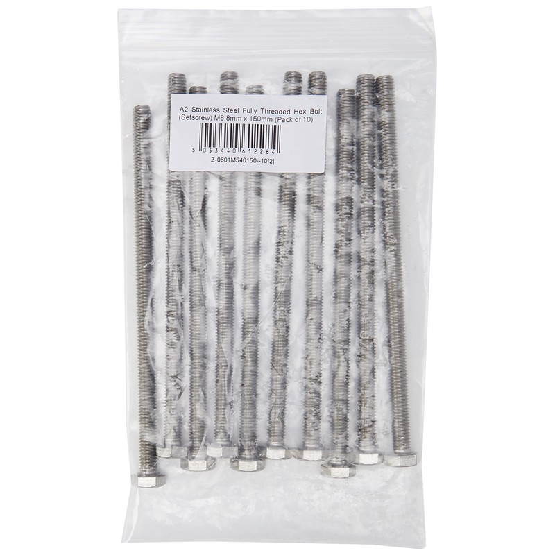 AHCA2 Stainless Steel Fully Threaded Hex Bolt (Setscrew) M8 8mm