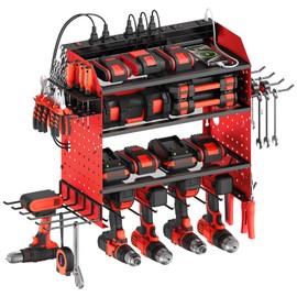 CCCEI Modular Power Tools Organizer with USB Charging Station, 4 Layer Drills and Battery Storage Wall Mount, Garage Shop Organization, Anniversary, Birthday, Gifts for Men, Father, 6FT Cord, Red.