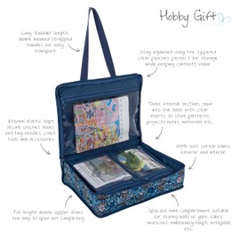 Hobby Gift Soft Craft Bag – Cotton Fabric with Classic Woodblock Floral Print Large Storage for Yarn, Projects & Accessories Transparent Pockets & Elastic Tool Loops 26.5 x 10 x 34.5cm