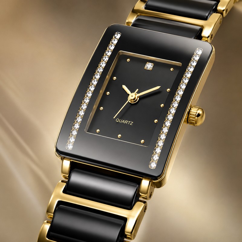 XV12 Rectangular Ceramic Quartz Watch – Black & Gold Date