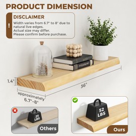 RICHFOCUS Live Edge Wood Floating Shelves for Wall 36" Natural Solid Wood Wall Mounted Shelf|8 Inch Deep Wooden Floating Shelves with Invisible Bracket for Bathroom Kitchen Room|2Pcs, Natural