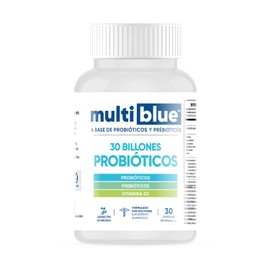 MULTIBLUE PROBIÓTICOS | Más de 30 billones de probióticos. (1 Frasco, 30 Cápsulas, Sin Gluten, Libres de OMG’s, 100% Naturales, Formulado por Doctores en USA). Probióticos, prebióticos y vitamina D3.