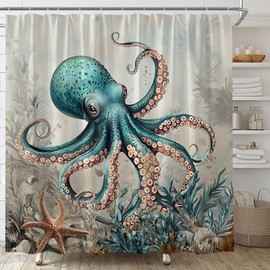 KTGHA Vintage Nautical Octopus Shower Curtain Funny Ocean Kraken Animal Coral Starfish Coastal Theme Polyester Fabric Bathroom Decor Set with Hooks(70" WX70 H)