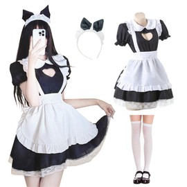 MeYuxg Maid Dress, Maid Outfit Hollow Heart Shape, Anime French Maid Dress, Cute Maid Cosplay Dress, Black Maid Costume with Stockings and Headband, Carnival, Role Play (S)