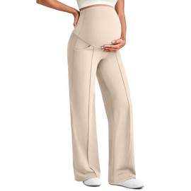 G4Free Maternity Activewear with Pockets Over The Bump High Waist Pregnancy Lounge Pants Stretchy Business Casual Work Trousers (Light Khaki,L,32")
