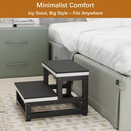 GIOTORENT 2 Step Stool Black with 1cm Non-Slip Pads - Heavy Duty 500lbs Wooden Step Stools for Adults, Bed Steps for High Beds, Adjustable Feet Kitchen Step Stool