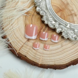 24 Pcs Press On Toenails Short,LINMEIZAI Summer Pink Toe Nails Press Ons for Women Press On Toe Nail Tip with Tool Fake Nails Full Cover Cute False Toenails with Classic White French Glossy Design