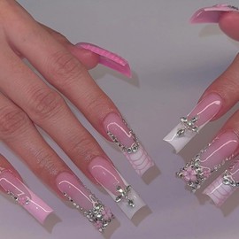 MISUD Press on Nails Long Square Fake Nails Glossy Glue on Nails Pink French Tip Acrylic Nails Squoval Artificial Nails Luxury Rhinestone Stick on False Nails with Design 24 pcs