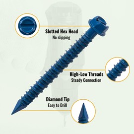 LIONMAX Concrete Screw Anchor, 150-PCS 1/4" x 2-1/4" Hex Head Concrete Screws for Masonry, Block or Brick, Diamond Tip, Rust Resistant Blue Coated Masonry Screws, 1 Hex Socket and 2 Drill Bits