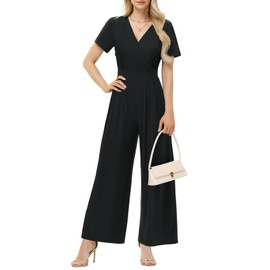Tanmolo Women's Jumpsuit Elegant Summer Short Sleeve V-Neck Jumpsuit Wide Leg Romper with Pockets, Black-XF128
