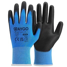 KAYGO KG11P Work Gloves for Men and Women, 12 Pairs, PU Coated Protective Gloves, Non-Slip Grip on Palms and Fingers, Suitable for General Work Warehouse DIY, KG11P (Blue, XL, Size 10)