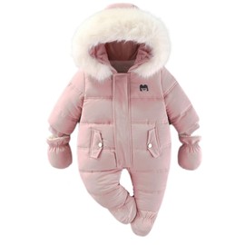 BRONG Baby Winter Snowsuit Toddler Fleece Romper Hooded Jumpsuit Infant Boys Girls Warm Zipper Outerwear with Gloves Pink 3-6 Months