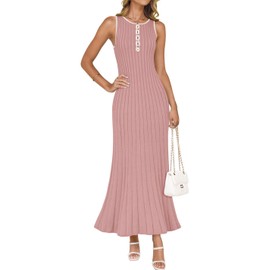 ZESICA Womens 2025 Summer Long Maxi Dress Sleeveless Crew Neck Hollow Out Pleated Ribbed Knit Swing Tank Dresses,Pink,Large