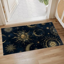 Plistiz Celestial Sun and Moon Indoor Door Mat, 17x29.5 Inch, Floor Area Rug for Entryway, Living Room, or Bathroom, Non-Slip Doormat, Night Sky Design Home Decor Rug Gifts
