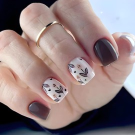 Square Press on Nails Short White Fake Nails with Black Leaf Design Grey Full Cover False Nails Glossy Glue on Nails Artificial Acrylic Nails for Women