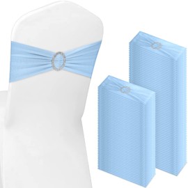 CHENGU 150 Pieces Spandex Stretch Chair Sashes Bows Elastic Chair Cover Bands Ties with Buckle Slider for Wedding Party Reception Events Universal Ceremony Banquet Decorations (Sky Blue)
