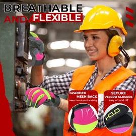 HLDD HANDLANDY Utility Mechanic Working Gloves, Touch Screen Hi-vis Reflective Pink Safety Work Gloves Anti Vibration, Flexible Breathable Yard Work Gloves