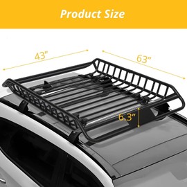 63" x 43" x 6.3" Rooftop Cargo Basket - Universal Roof Rack Basket for SUV, Car, and Truck - Anti-Rust Cargo Carrier with 300 Lbs Capacity for Car Top Luggage Storage