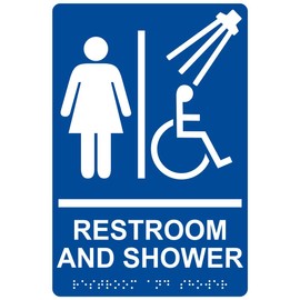 ComplianceSigns.com Womens Restroom And Shower Sign with ADA-Compliant Braille and Raised Letters, 9x6 in. Blue Acrylic with Adhesive Mounting Strips