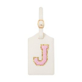 CHOIEO Initial Luggage Tag, PU Leather, Embroidered, Letter, Monogrammed, Luggage Tag for Baggage Bag Suitcase (J, White Leather+Pink Letter)