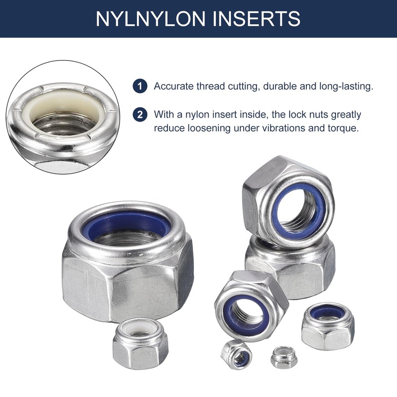 sourcing map 5Pcs 1"-8 Nylon Insert Hex Lock Nuts, 304