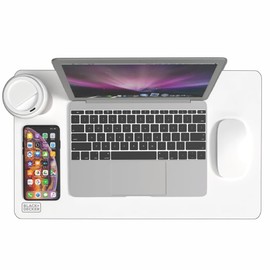 BLACK+DECKER Small Travel Desk Mat, Office Desk Pad, Computer Mat, Laptop Pad for Mobile Office, Computer Furniture Protector, Compact for Carry-On Bags, Ideal for Travel & Work (12"x 20"), White