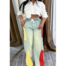 YOOTIKO Women Striped Drawstring Jeans Elastic High Waisted Straight Wide Leg Baggy Sweatpants Jeans Blue