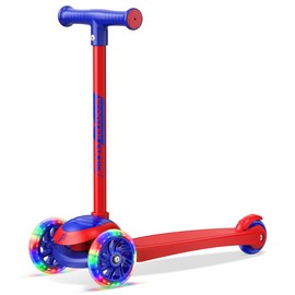 3 Wheel Scooter for Kids, Smooth Light Up LED Front Wheels, Wide Anti Slip Deck, Rear Foot Brake, Easy Maneuvering T-bar Handle, Indoor & Outdoor Ride On Toys for Ages 2 Up, Red Color