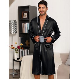 Bresdk Men's Satin Robe Kimono Dressing Gown Silk Lightweight Long Sleeve Bathrobe with Belt and Pockets Night Robe for Wedding Party Black XXL