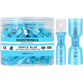 haisstronica 200PCS Blue Heat Shrink Spade Connectors,AWG 16-14 Heat Shrink Spade Terminlas Kit, Speaker Wire Connector, Male and Female Electrical Quick Disconnect Wire Connectors