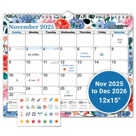 CRANBURY Large 12x15 Wall Calendar 2026, Use Nov 2025 to Dec 2026, Big 12 x 15 Hanging Wall Calendar, Gorgeous Monthly Floral Designs, Includes Planning Stickers