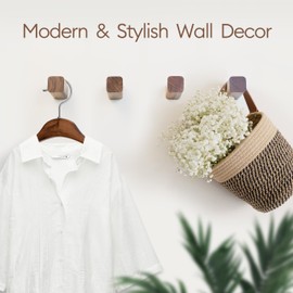 cuwuu's Modern Wood Wall Hooks 4 Pack Coat Hooks Natural Wooden Rack Mounted in Bathroom Entryway for Hanging Clothes Towels Backpacks Hats Keys Wood Wall Decor Hooks (Square)