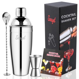 Sosayet Cocktail Shaker 750 ml, 3-Piece Stainless Steel Cocktail Set with Cocktail Measuring Cup 15/30 ml and Cocktail Muddler, Premium Bartender Set for Beginners and Professionals, Gifts for Men