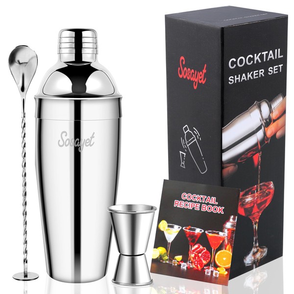Sosayet Cocktail Shaker 750 ml, 3-Piece Stainless Steel Cocktail Set