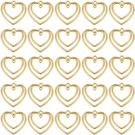 SUNNYCLUE 1 Box 50Pcs Double Heart Bezel Charm Gold Heart Connector Charms Alloy Love Pressed Flower Blank Frame Hollow Pendants Links for Jewellery Making Finding Earrings Necklaces Bracelets Crafts