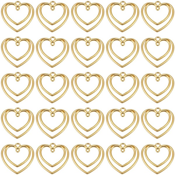 SUNNYCLUE 1 Box 50Pcs Double Heart Bezel Charm Gold Heart